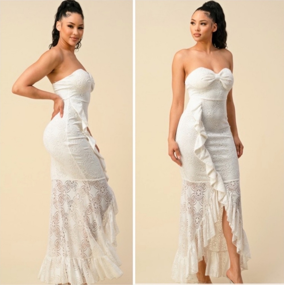 NEW High Low Creamy White Lace & Ruffles Dress.